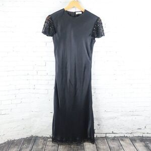 VICKI SOBLE BLACK SILK WITH EMBROIDERED AND BEADED SLEEVE & HEM MIDI DRESS